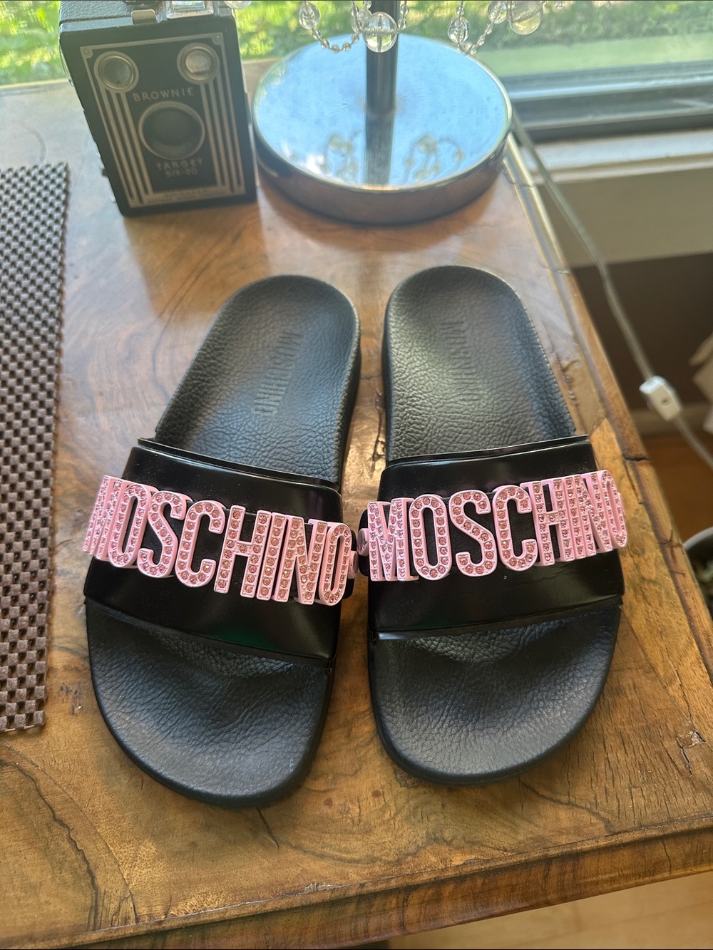 Moschino Black Slides with Pink Embellished Logo